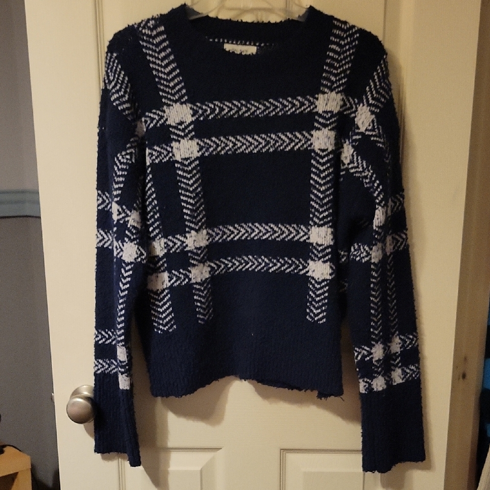 Navy Blue and White Crew Neck Sweater with Plaid Design